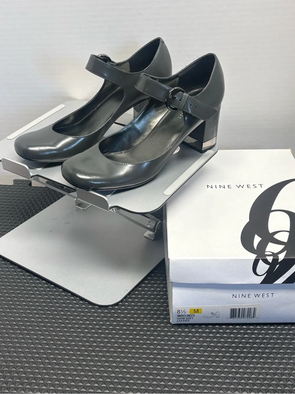 Nine West Gray Mary Jane Block Heel Pumps with Buckle Strap